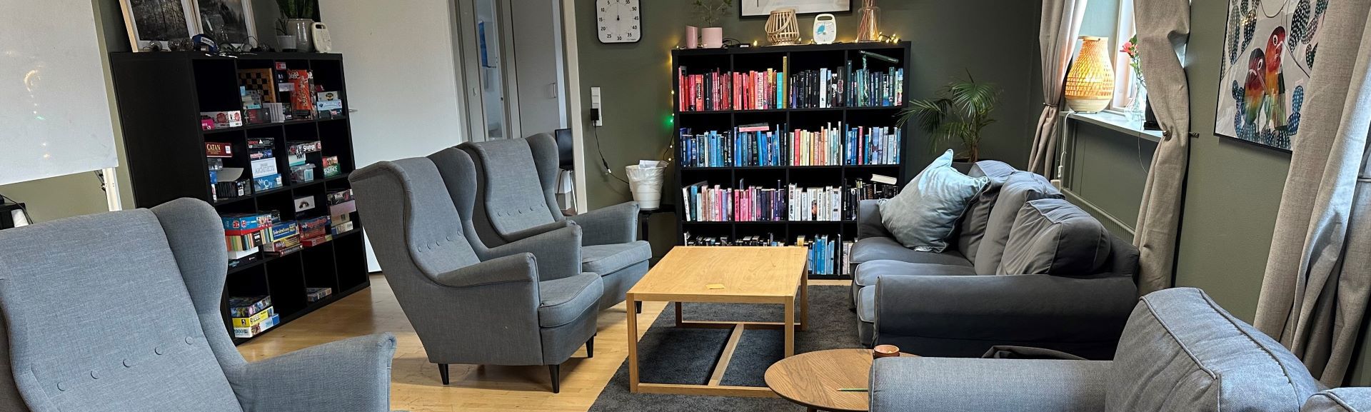 Rum med bløde møbler og bogreol i baggrunden