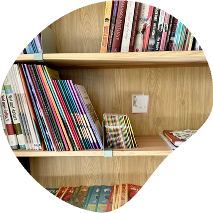 Udsnit af en bogreol med bøger i mange farver