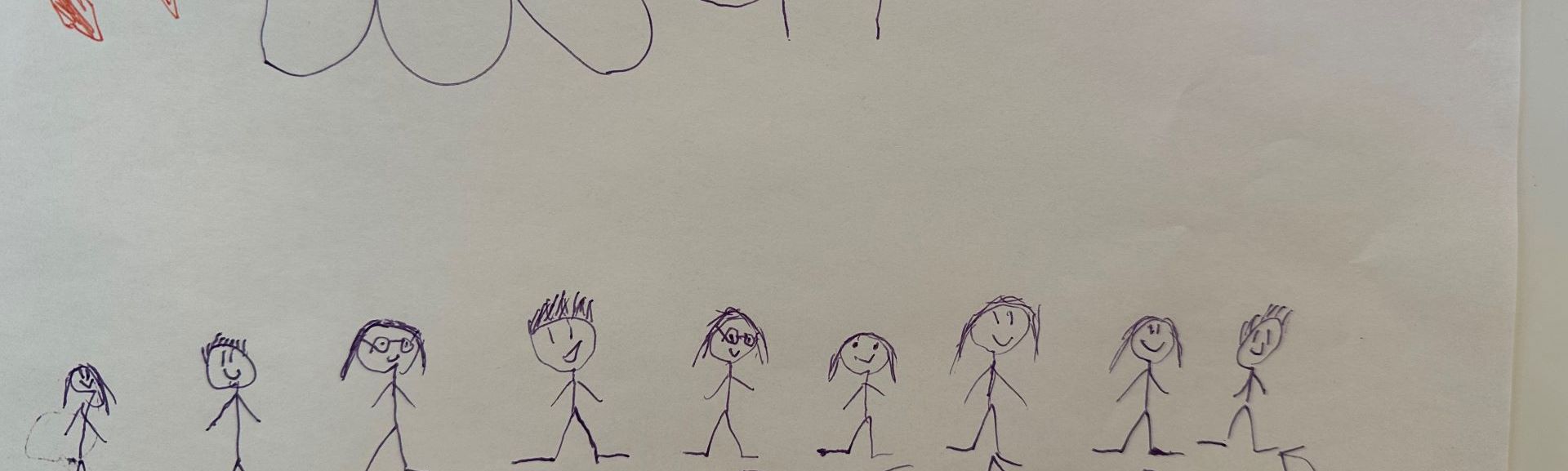 Tegning af en af Basens elever med tændstik-mennesker og store bogstaver der danner ordet Basen + røde hjerter 