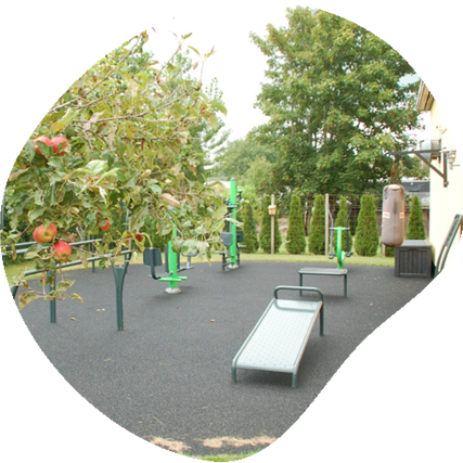 Udendørsfitness område med grønne træer