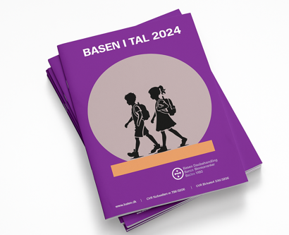 Basen i tal 2024 - årsrapport for Basens organisation. Lilla forside med to skolebørn.