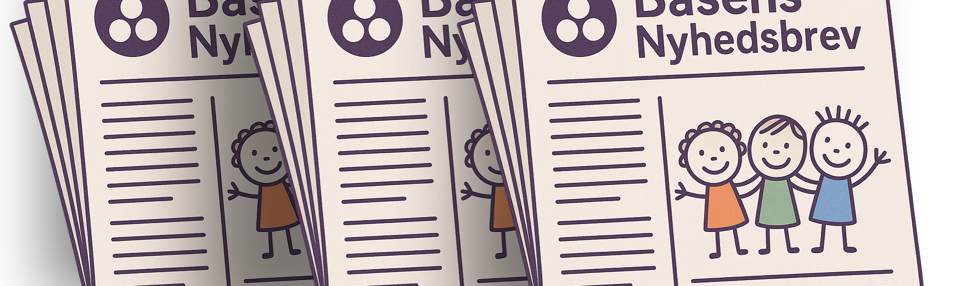 Basens nyhedsbrev på en tegnet avisforside med glade børn.